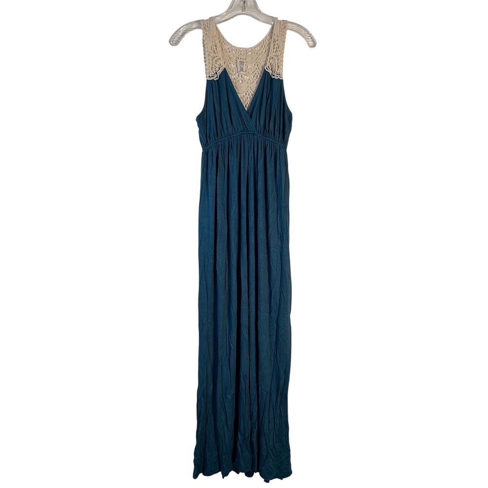 In Style Womens XL Teal Blue Crochet Lace Back Sleeveless V-Neck Maxi Dress Boho